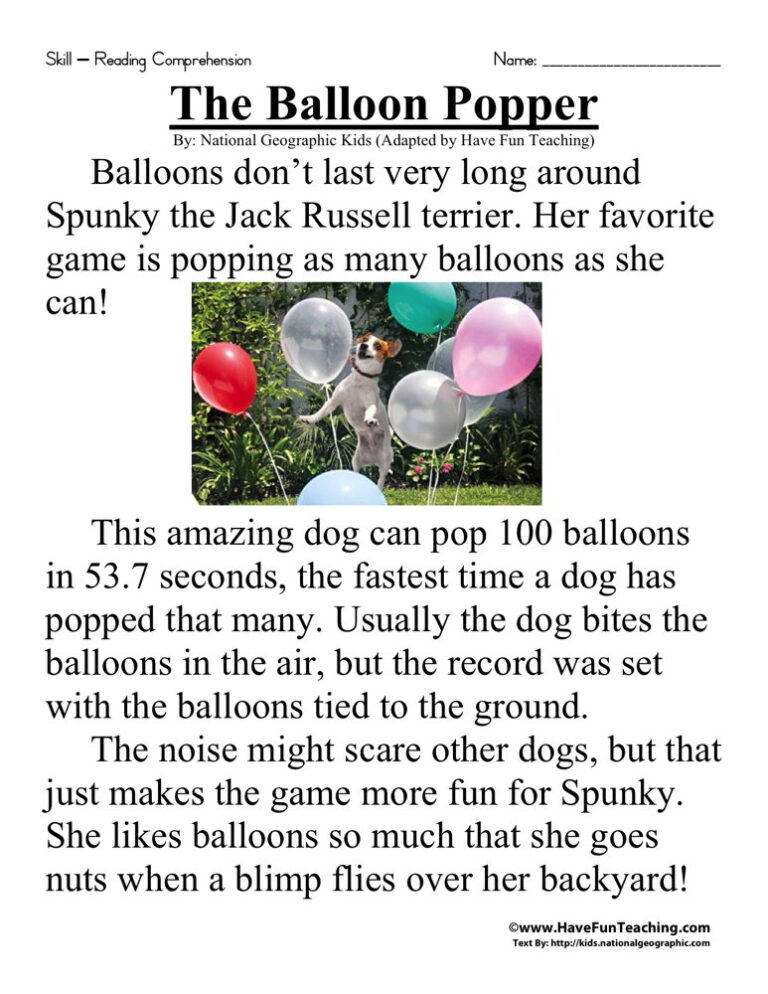 The Balloon Popper Reading Comprehension Worksheet