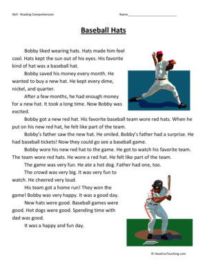 Baseball Hat Reading Comprehension Worksheet