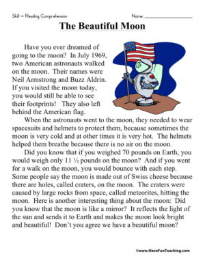 The Beautiful Moon Reading Comprehension Worksheet