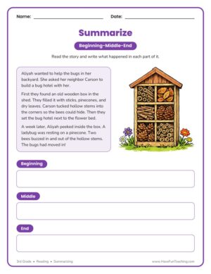 3rd grade summarizing beginning, middle, end insect worksheet