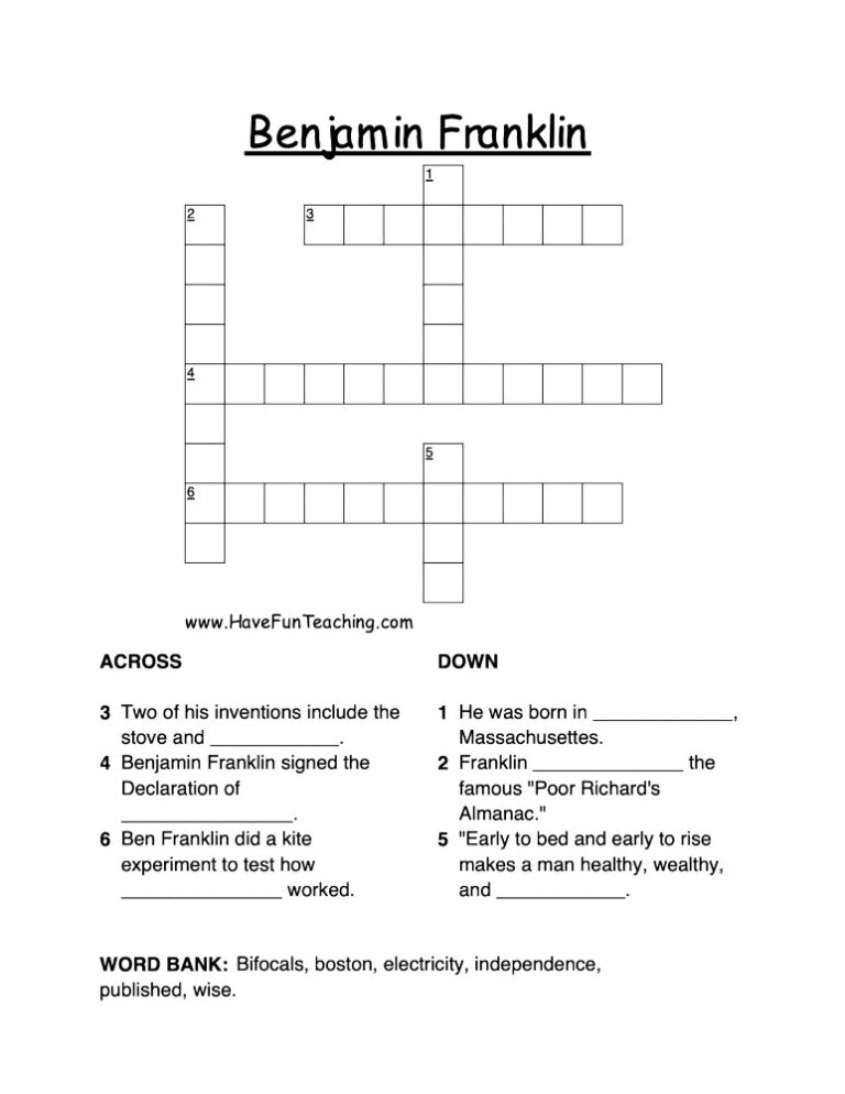 Benjamin Franklin Crossword Puzzle