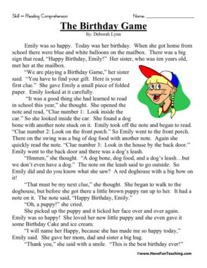 Birthday Game Reading Comprehension Worksheet