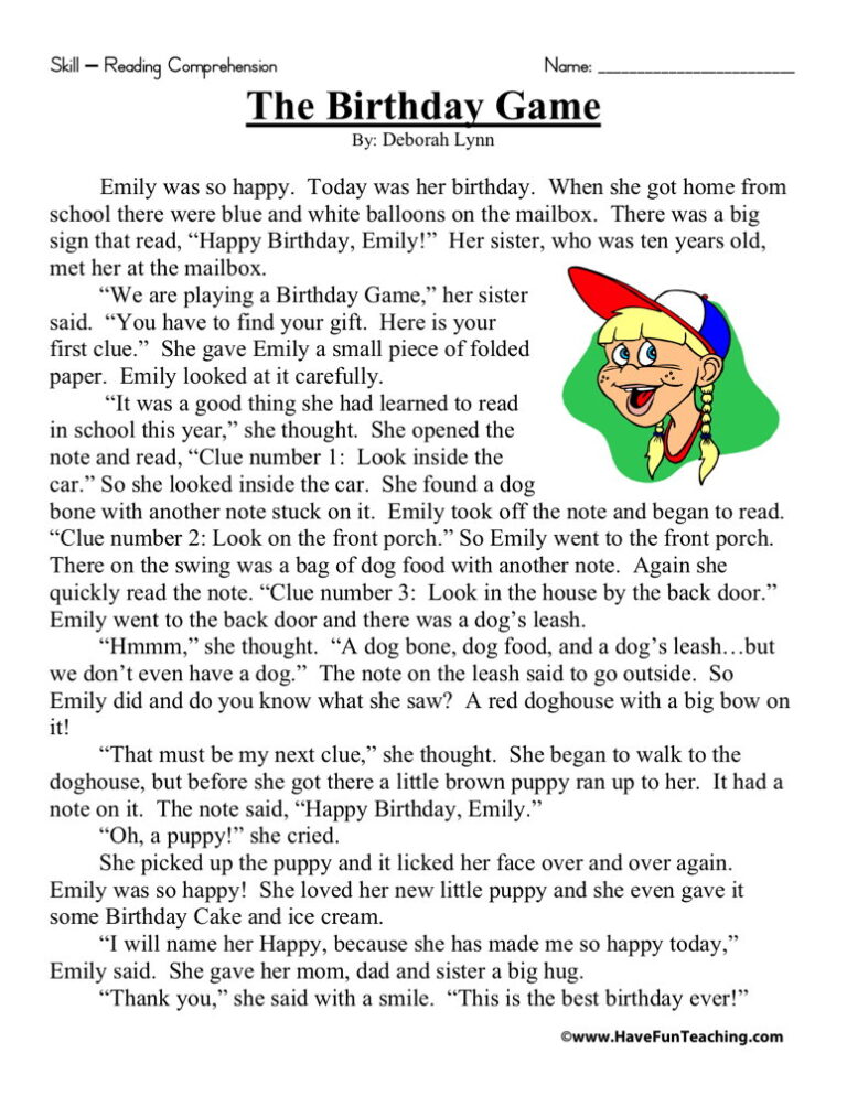 The Birthday Game Reading Comprehension Worksheet