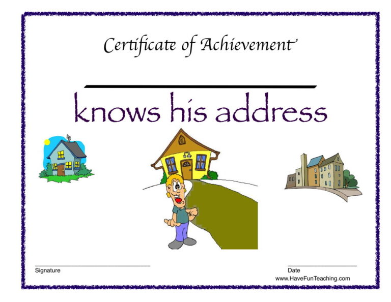 Knows His Address Reward Certificate for Boys