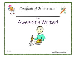 Awesome Writer Reward Certificate for Boys