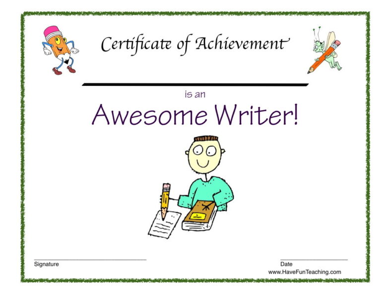 Awesome Writer Reward Certificate for Boys