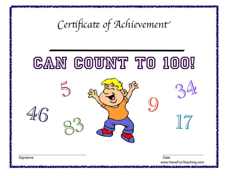 Count to 100 Reward Certificate for Boys