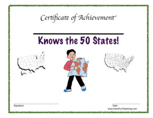 Knows the 50 States Reward Certificate for Boys