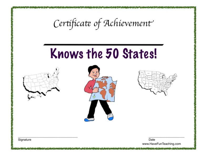 Knows the 50 States Reward Certificate for Boys