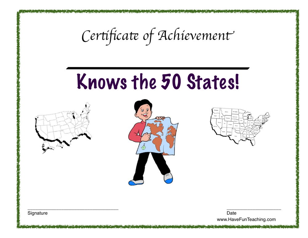 Knows the 50 States Reward Certificate for Boys