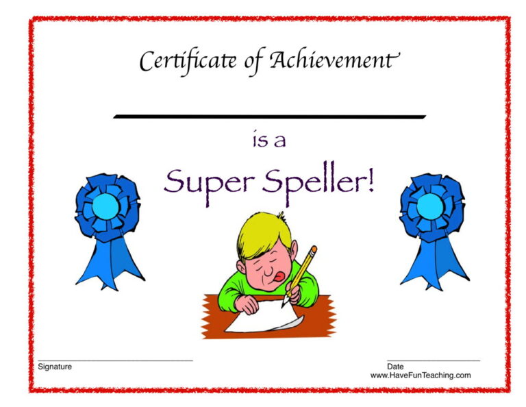 Super Speller Reward Certificate for Boys