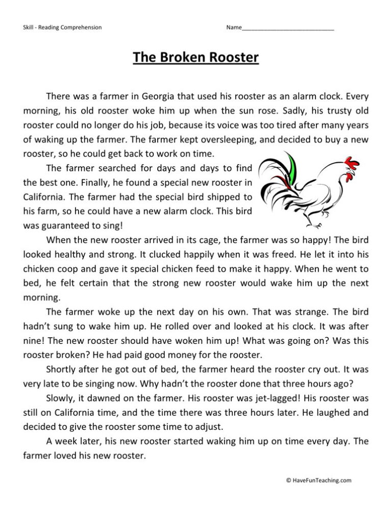 Broken Rooster Reading Comprehension Worksheet