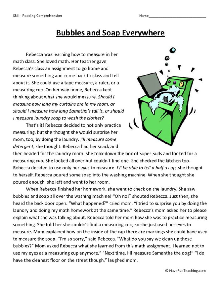 Bubbles and Soap Everywhere Reading Comprehension Worksheet