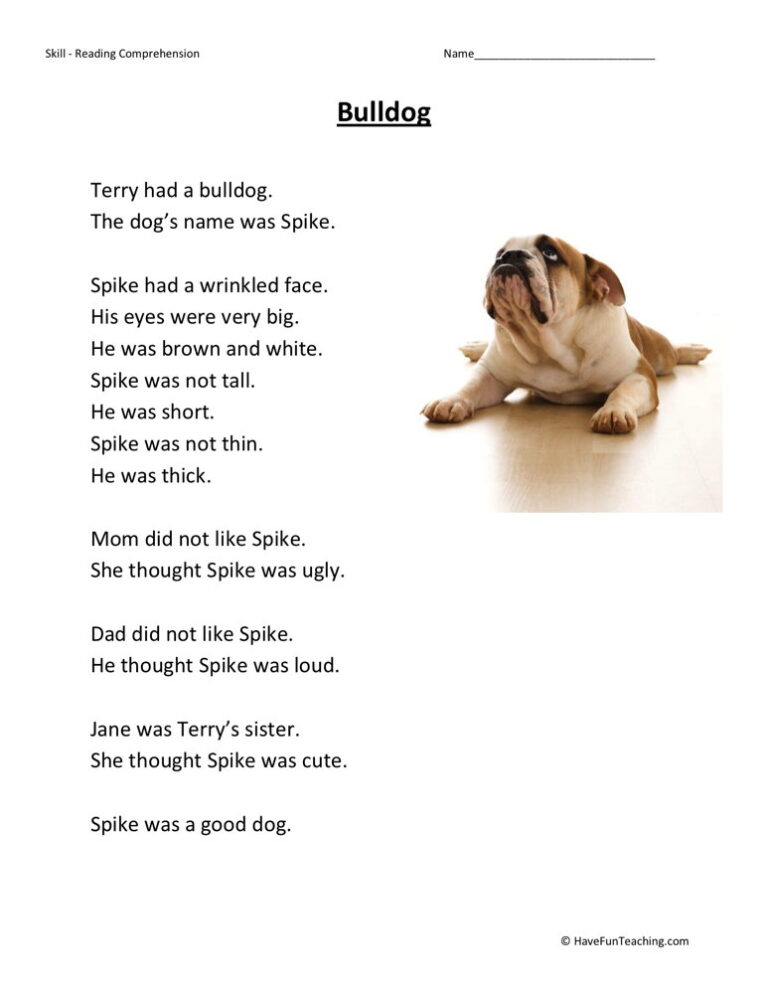 Bulldog Reading Comprehension Worksheet