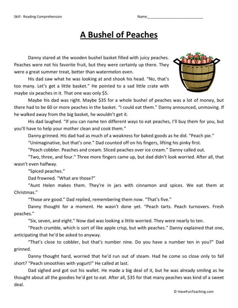 Bushel of Peaches Reading Comprehension Worksheet