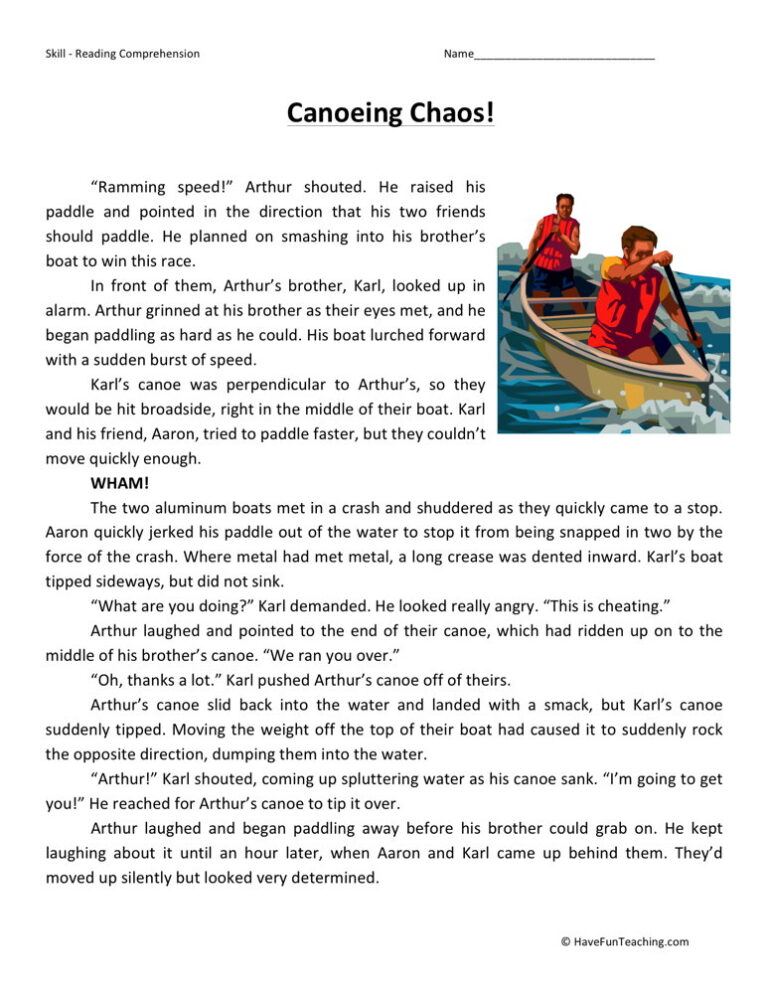 Canoeing Chaos - Reading Comprehension Worksheet