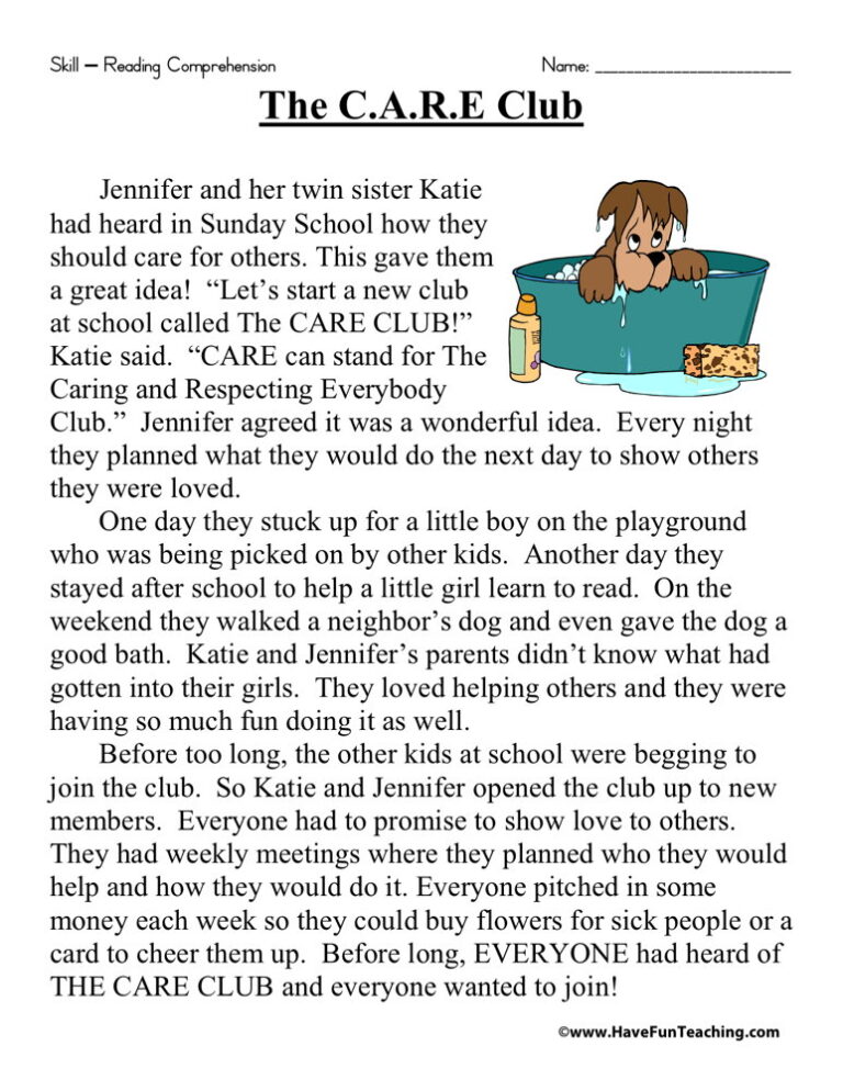 The CARE Club Reading Comprehension Worksheet