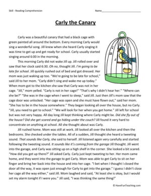 Carly the Canary Reading Comprehension Worksheet