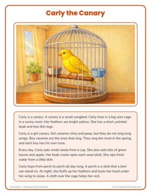 2nd grade Carly the Canary reading comprehension worksheet