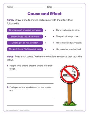 2nd grade cause and effect worksheet about smoking and clean air