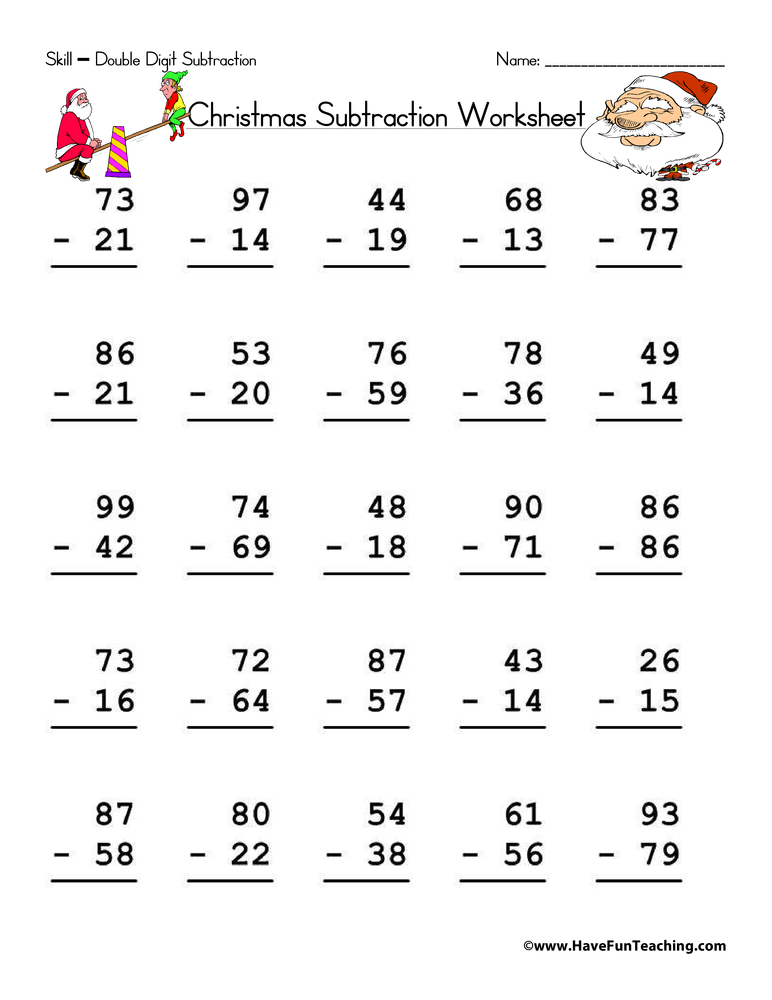 Christmas Double Digit Subtraction Worksheet | Have Fun Teaching