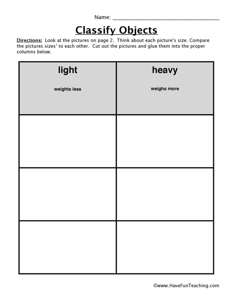 Weight Classification Worksheet