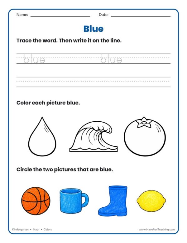 Coloring Blue Pictures Worksheet - Have Fun Teaching
