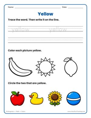 Kindergarten colors worksheet for tracing the word yellow and coloring yellow pictures