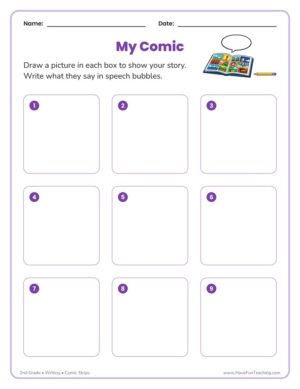 2nd Grade comic strip worksheet with nine numbered panels for drawing a story and adding speech bubbles