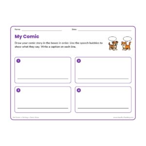 2nd Grade comic strip worksheet with four numbered panels and caption lines