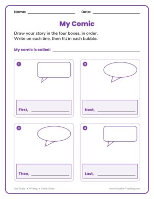 2nd grade comic strip worksheet with four panels, speech bubbles, and narration boxes