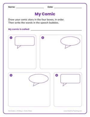 2nd grade comic strip worksheet with four panels and speech bubbles