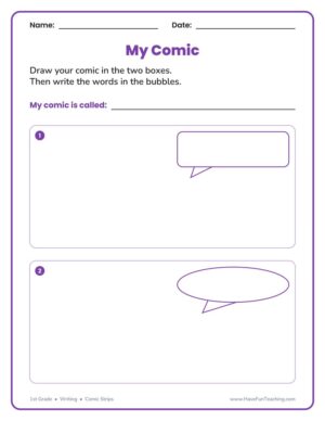 1st grade comic strip worksheet with two panels and speech bubbles