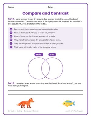 3rd grade land and sea animals compare and contrast Venn diagram worksheet