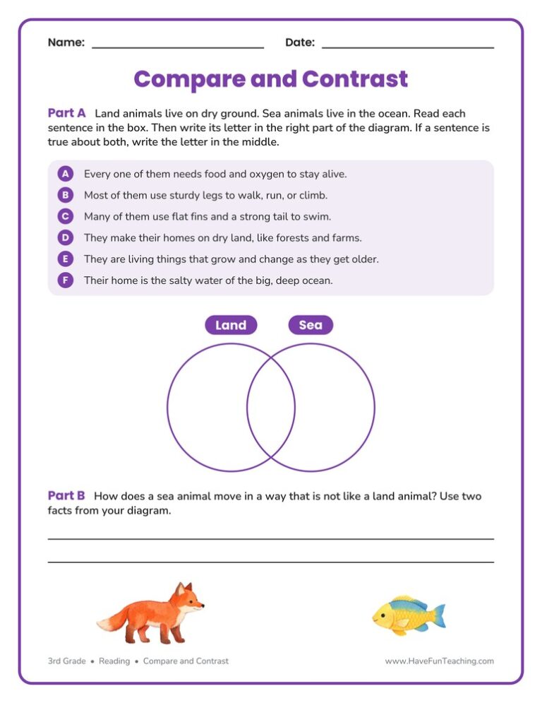 Land and Sea Animals Compare and Contrast Graphic Organizer