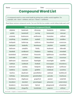 Compound word list with 100 common compound words for 2nd grade English