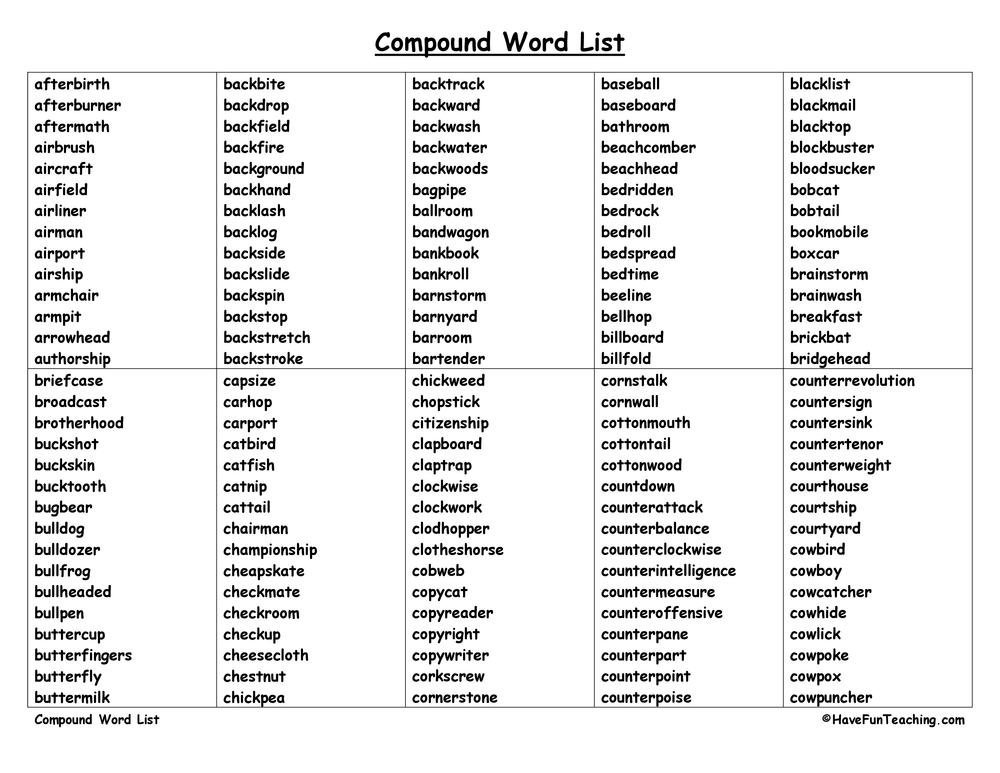 Compound Words Examples In English - Foto Kolekcija