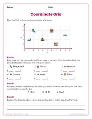5th Grade coordinate grid map location worksheet