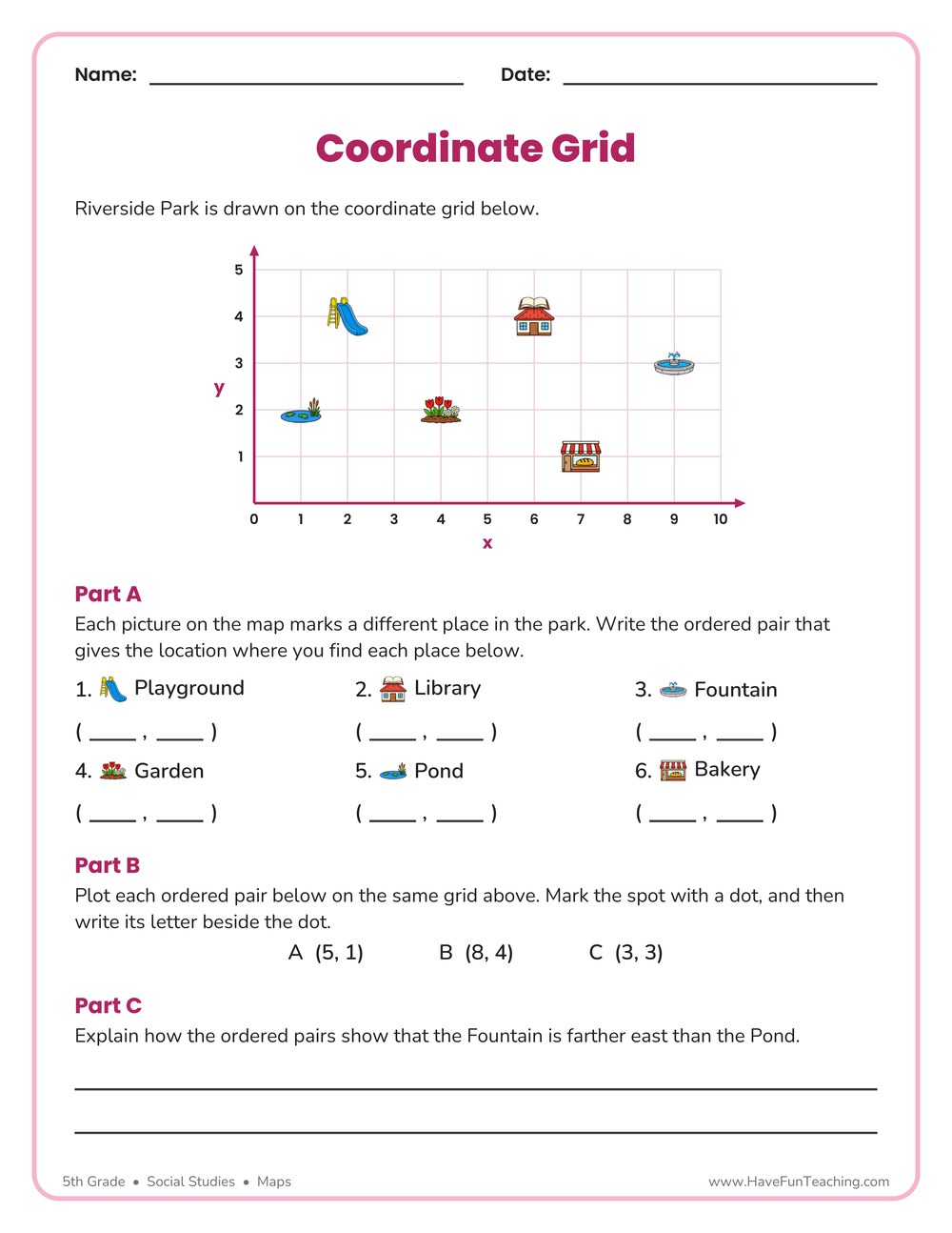 5th Grade coordinate grid map location worksheet