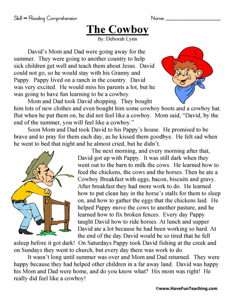 The Cowboy Reading Comprehension Worksheet