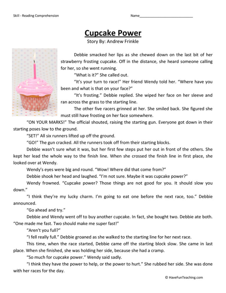 Cupcake Power - Reading Comprehension Worksheet
