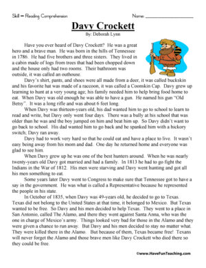 Davy Crockett - Reading Comprehension Worksheet