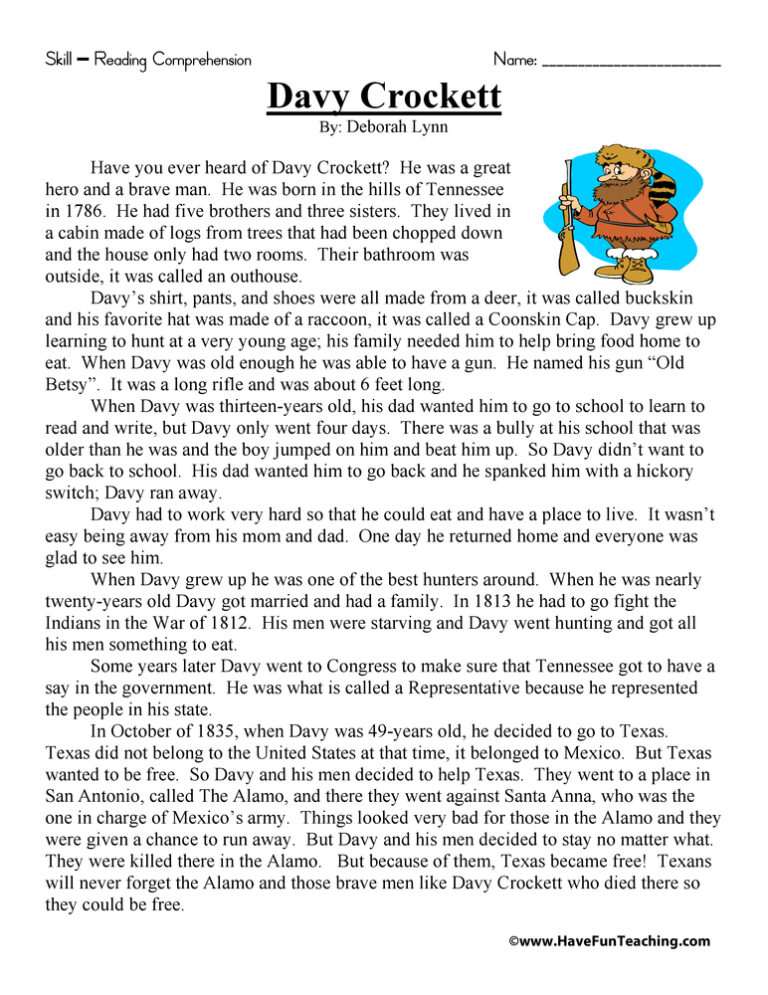 Davy Crockett - Reading Comprehension Worksheet - Have Fun Teaching