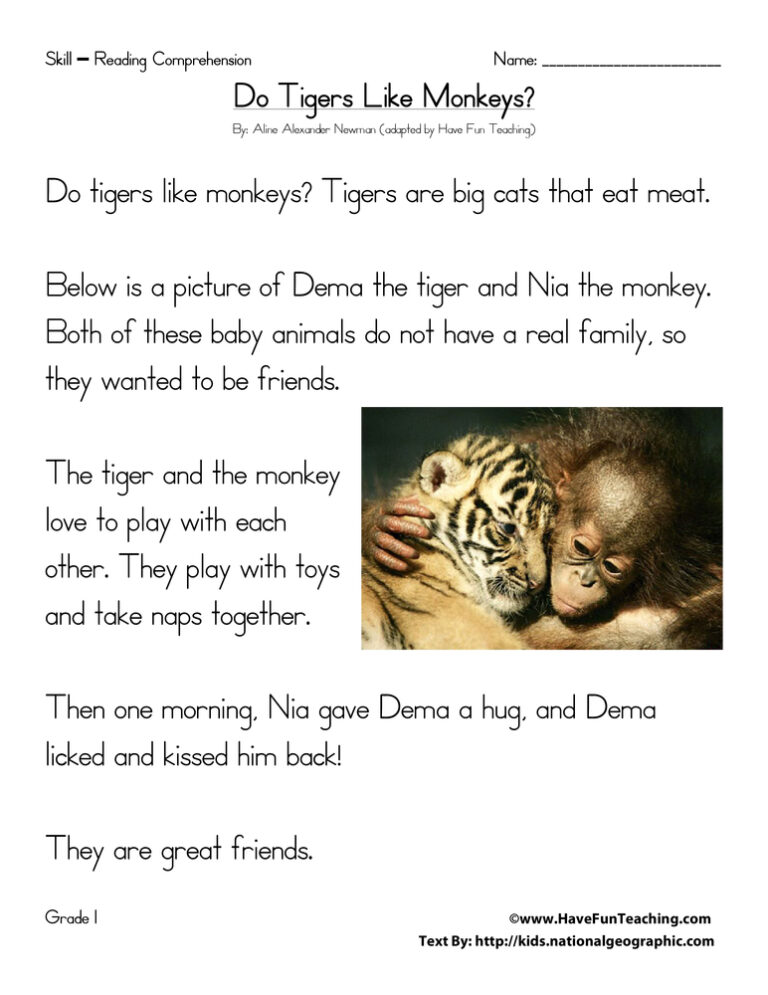Do Tigers Like Monkeys? - Reading Comprehension Worksheet
