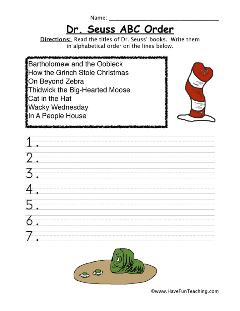 Dr. Seuss Titles Alphabetical Order Worksheet