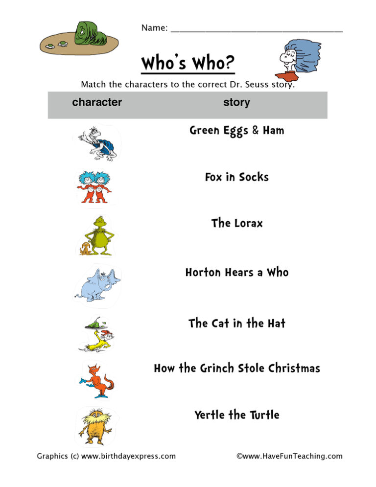 Dr. Seuss Picture Characters Matching Worksheet