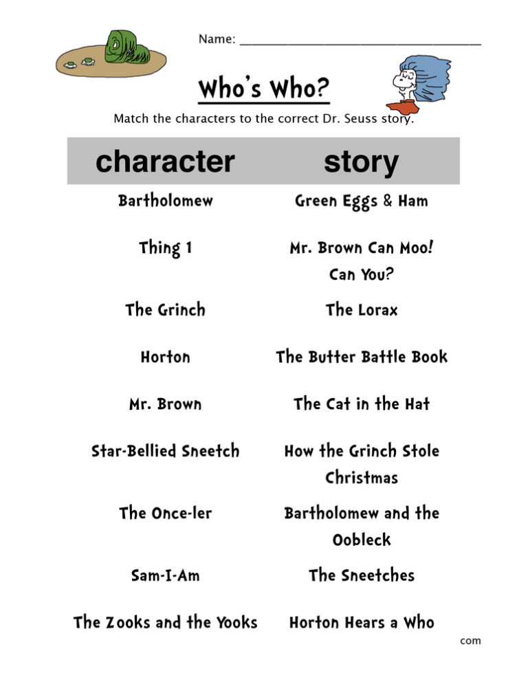 Dr. Seuss Characters Matching Worksheet