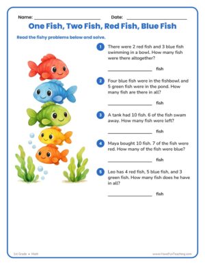 Dr. Seuss One Fish, Two Fish Math Worksheet with 1st grade fish-themed addition and subtraction word problems