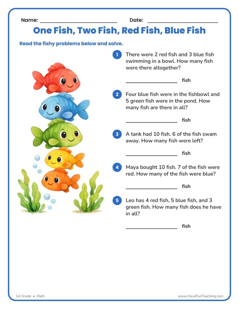 Dr. Seuss One Fish, Two Fish Math Worksheet
