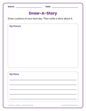 1st Grade narrative writing worksheet with a drawing box and story writing lines
